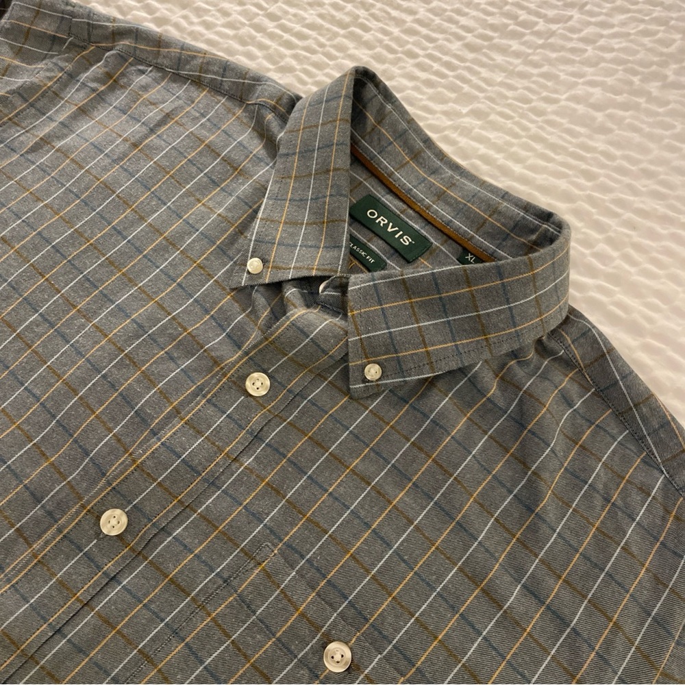 Orvis Gray and Tan Plaid Button-Down Shirt